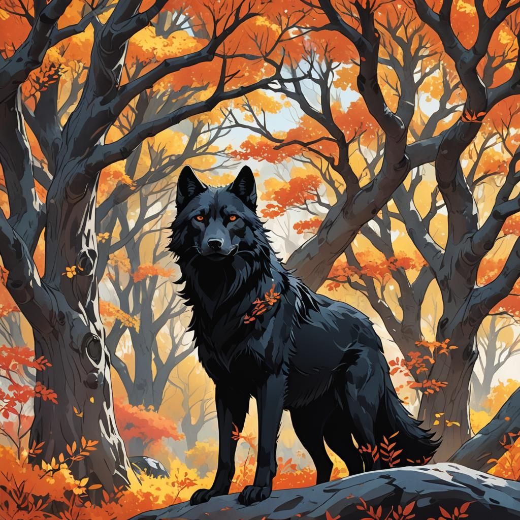 Black Wolf Under Colorful Willow Tree in Anime Style