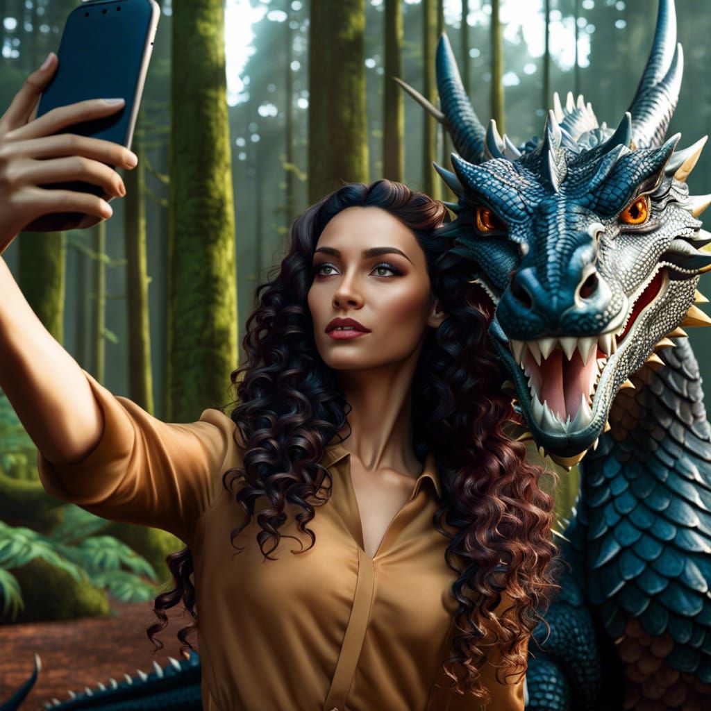 Woman and Dragon Selfie in Detailed 8K