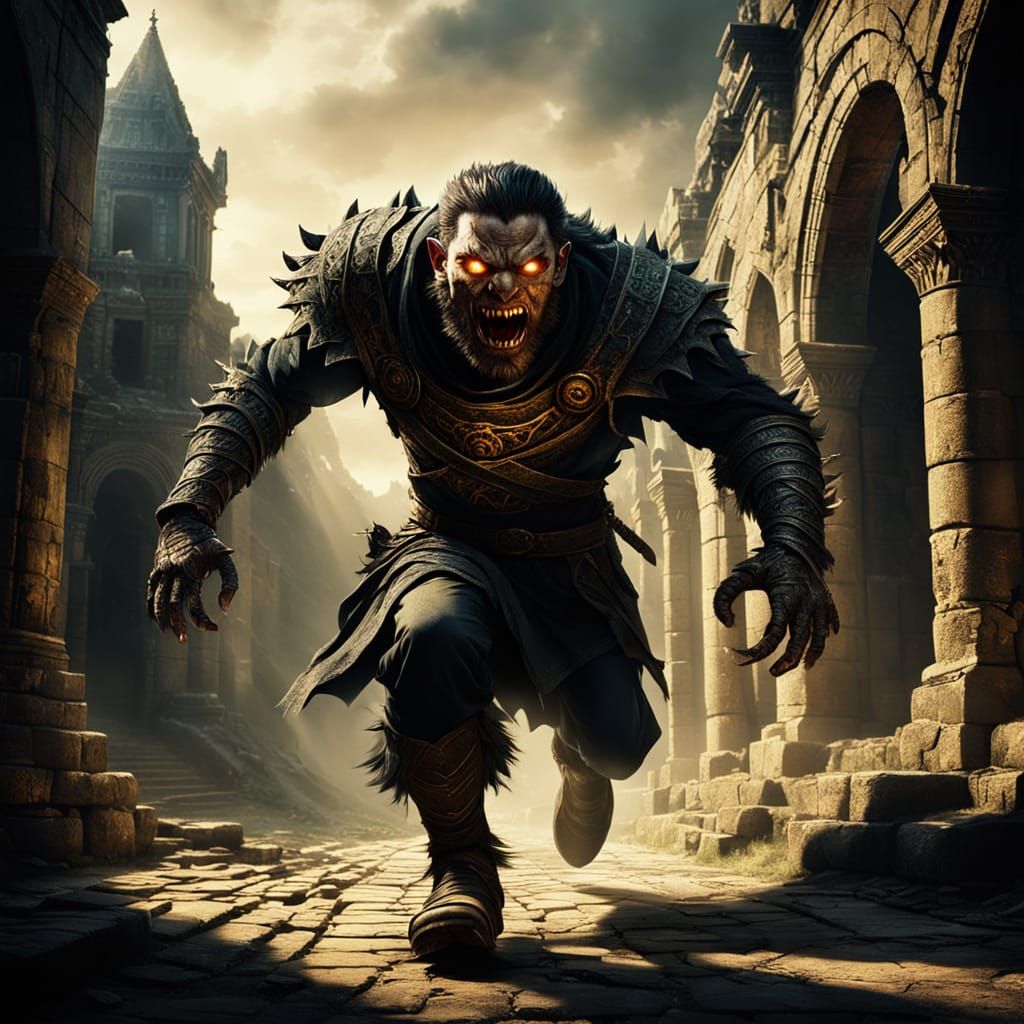 Dark Fantasy Warrior Escapes One-Eyed Beast Amid Ancient Rui...