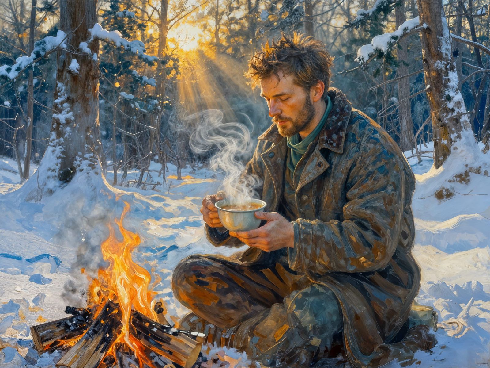 Man Warming Hands by Bonfire in Snowy Forest