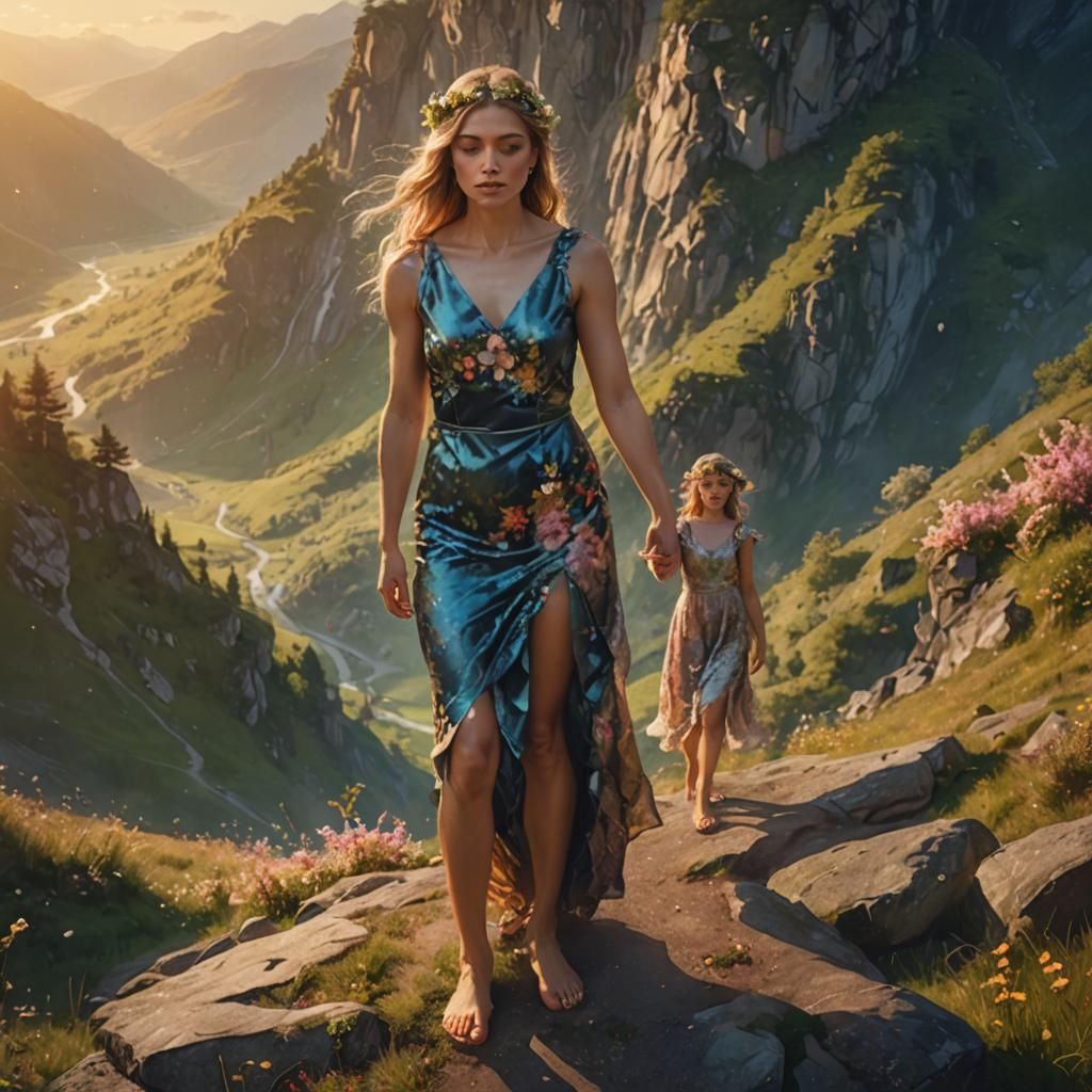 Fantasy Portrait of Mother and Daughter in Mountain Meadow