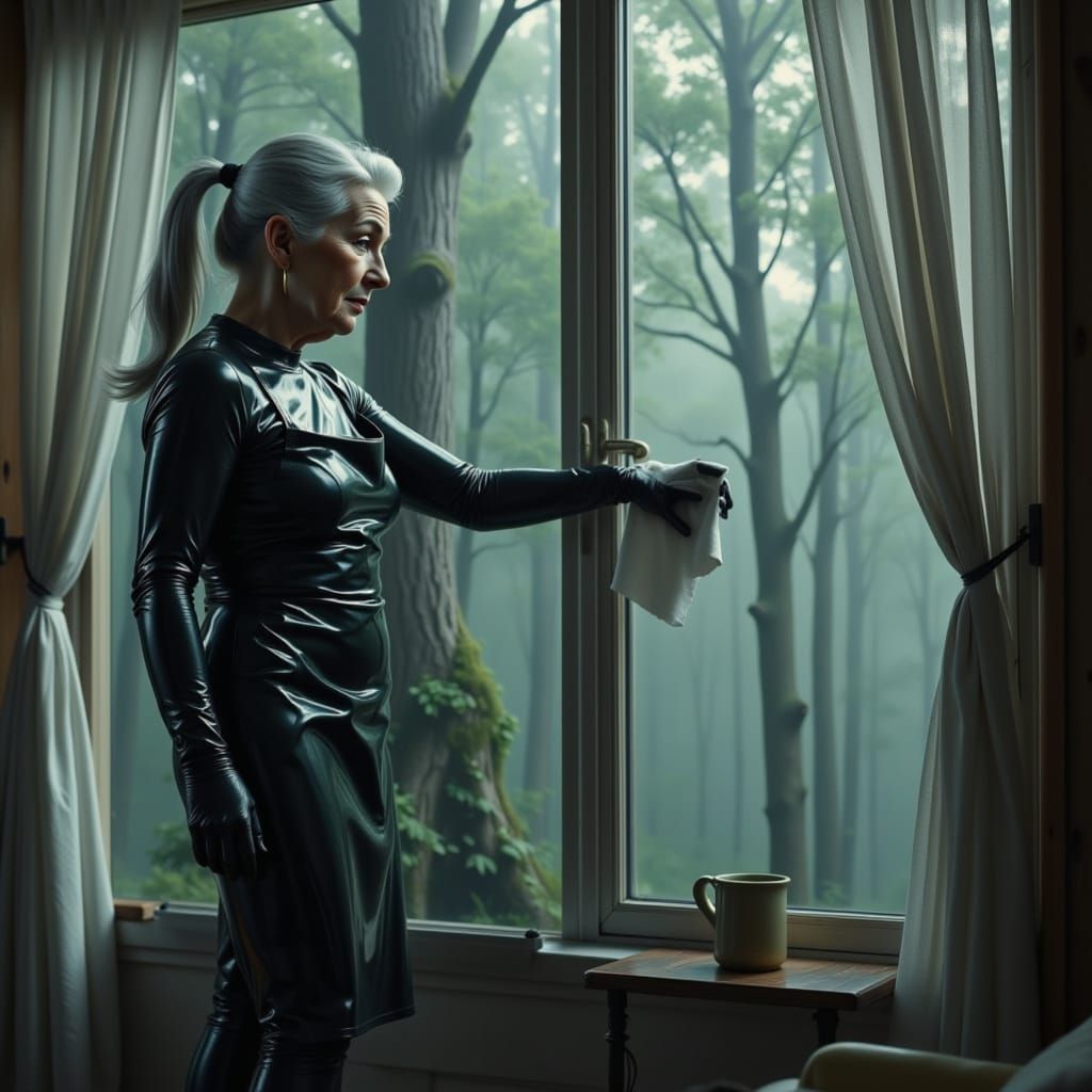 Elderly Woman in PVC Catsuit Wipes Library Window