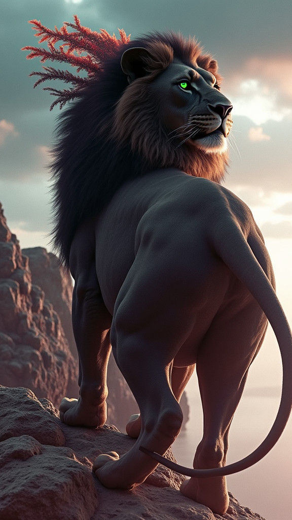 Majestic Black Lion with Flaming Mane and Emerald Eyes