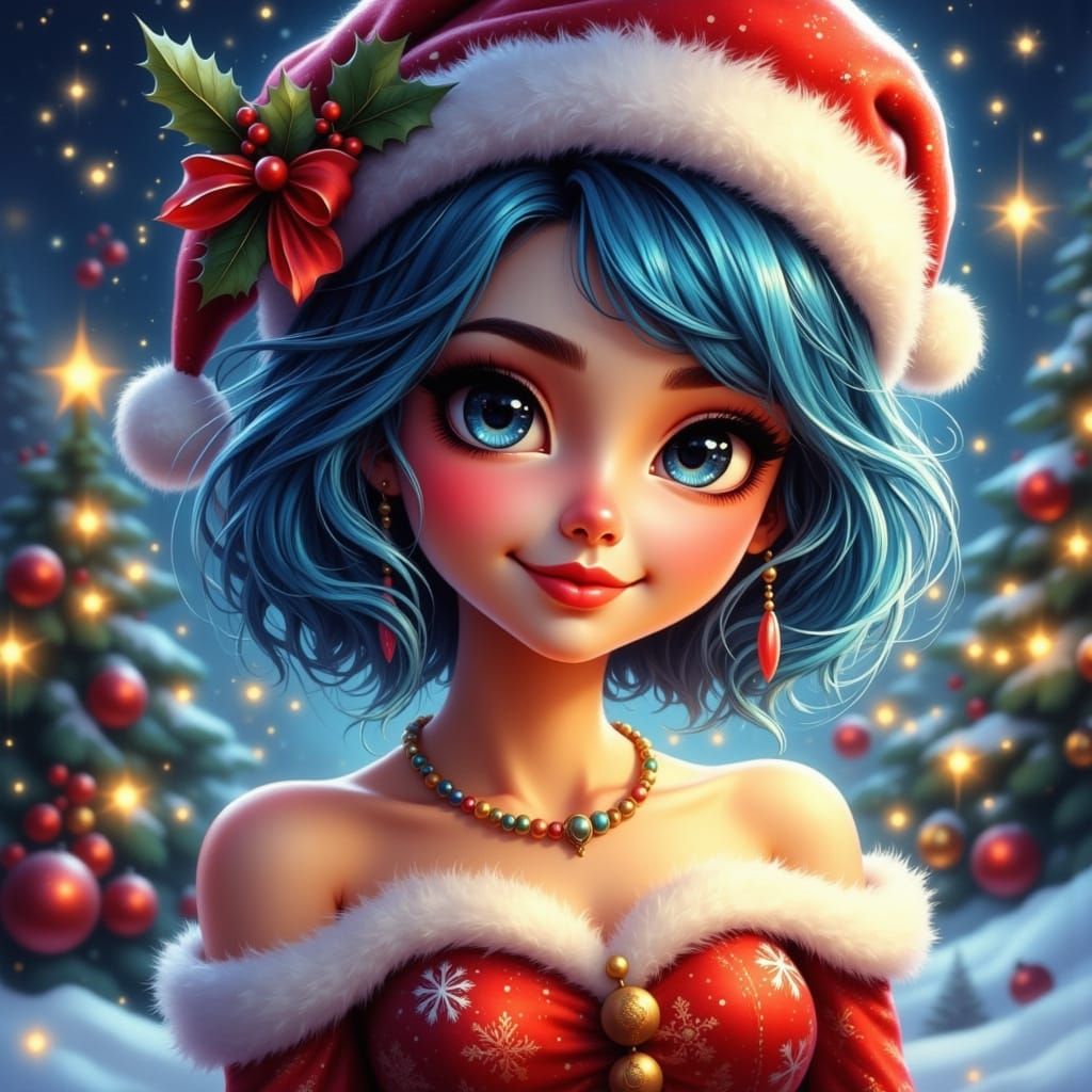 Joyful Woman in Whimsical Santa Dress with Blue Hair