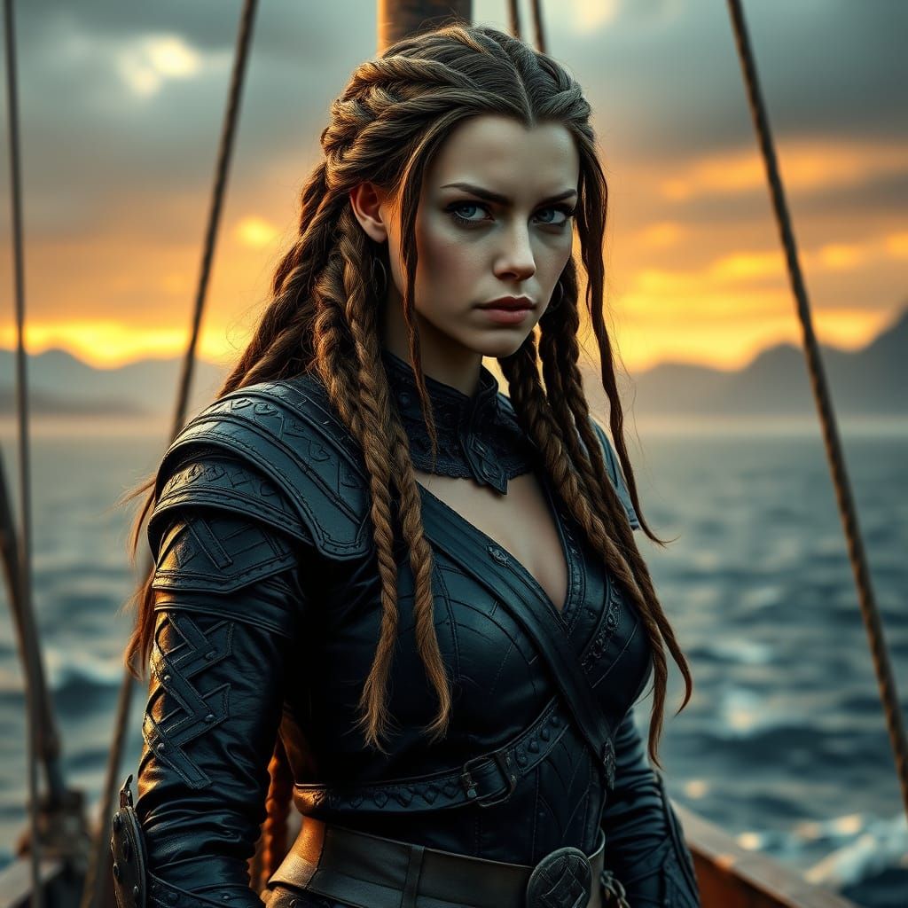Warrior Princess on Viking Ship in Stormy Seas