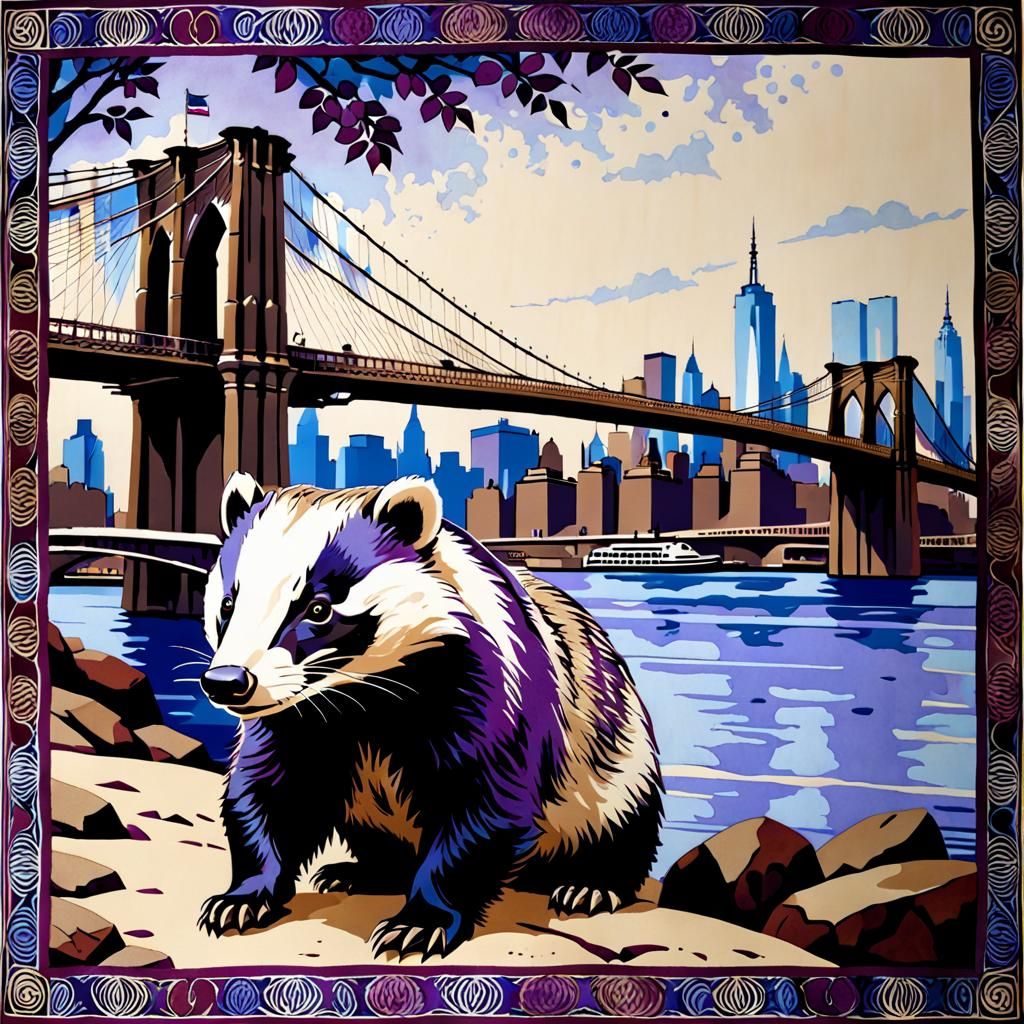 Badger on Brooklyn Bridge with Batik Border