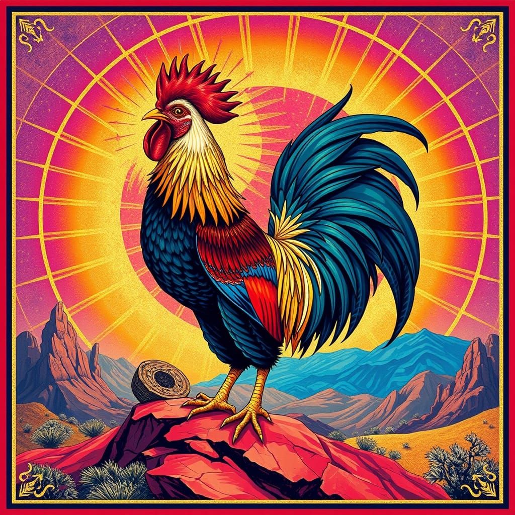 Psychedelic Rooster on Mesa in Byzantine Style