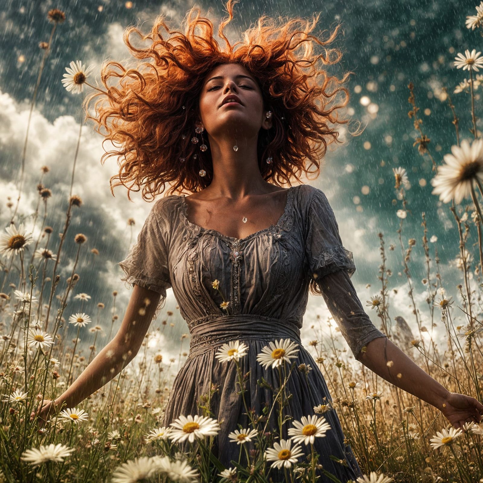 Mysterious Redhead Dancing in Rainy Field