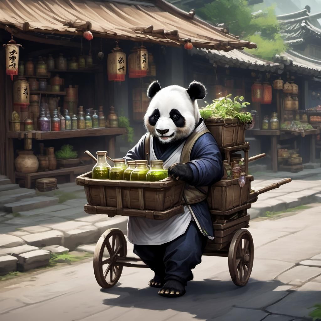 Humanoid Panda Merchant with Overloaded Cart