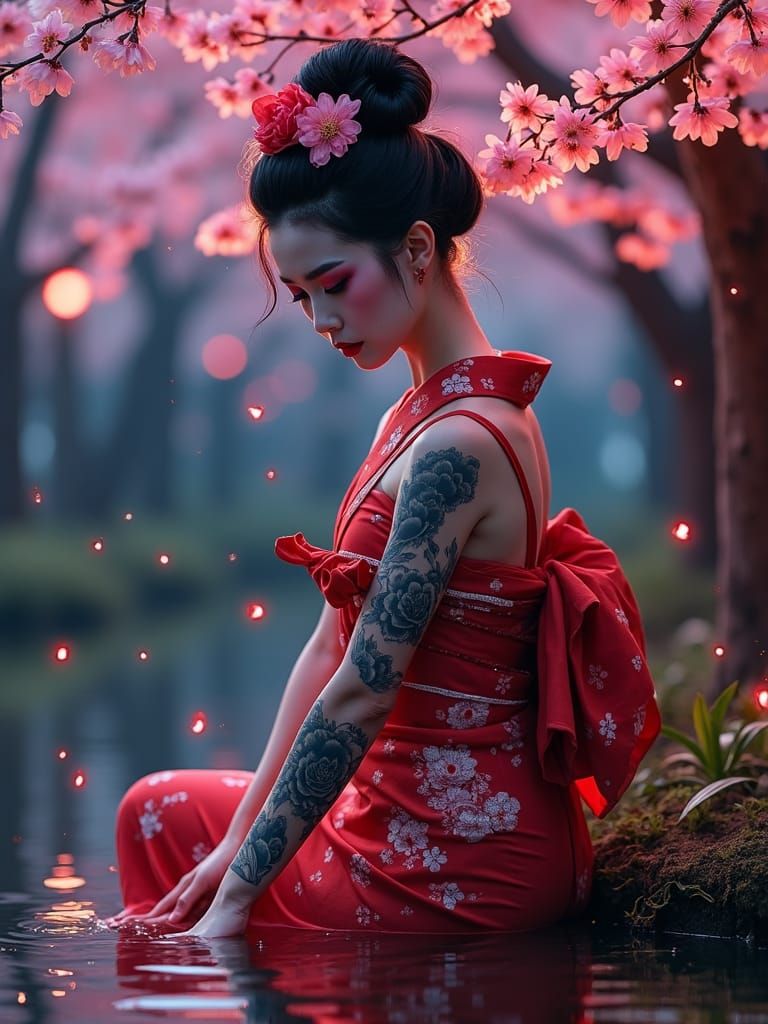 Geisha in Cherry Blossom Garden, Synthwave Neon Retro