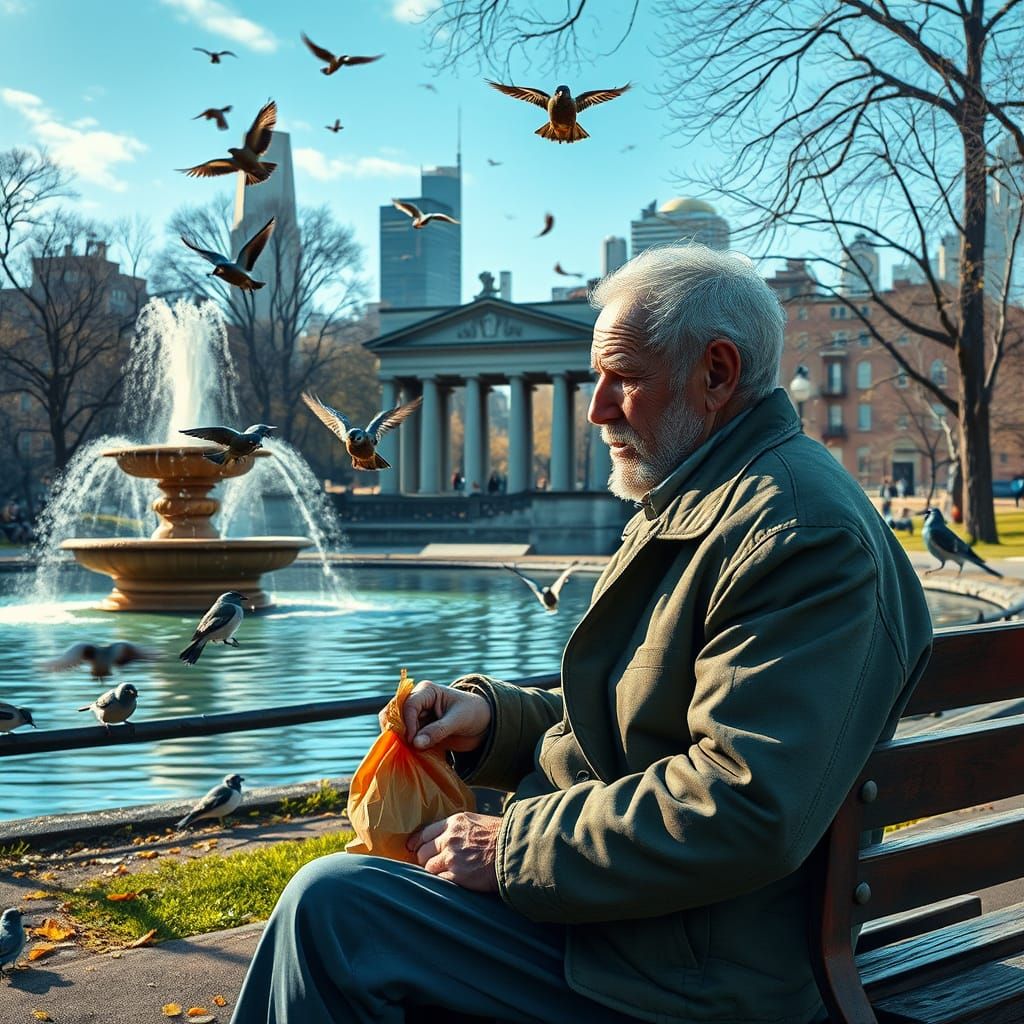 Central Park Scene: Man Feeding Birds, Detailed Art