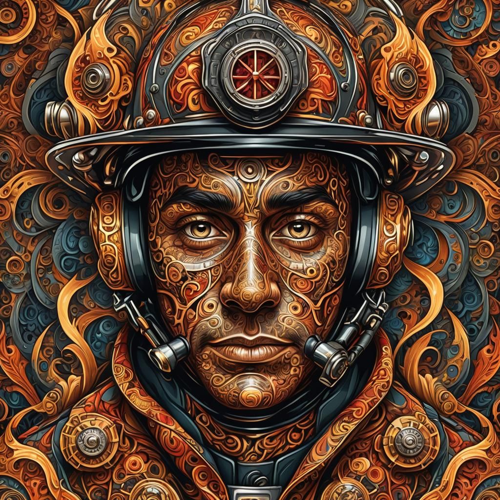 Firefighter's Fractal Face Reflecting Flames: Vector Art