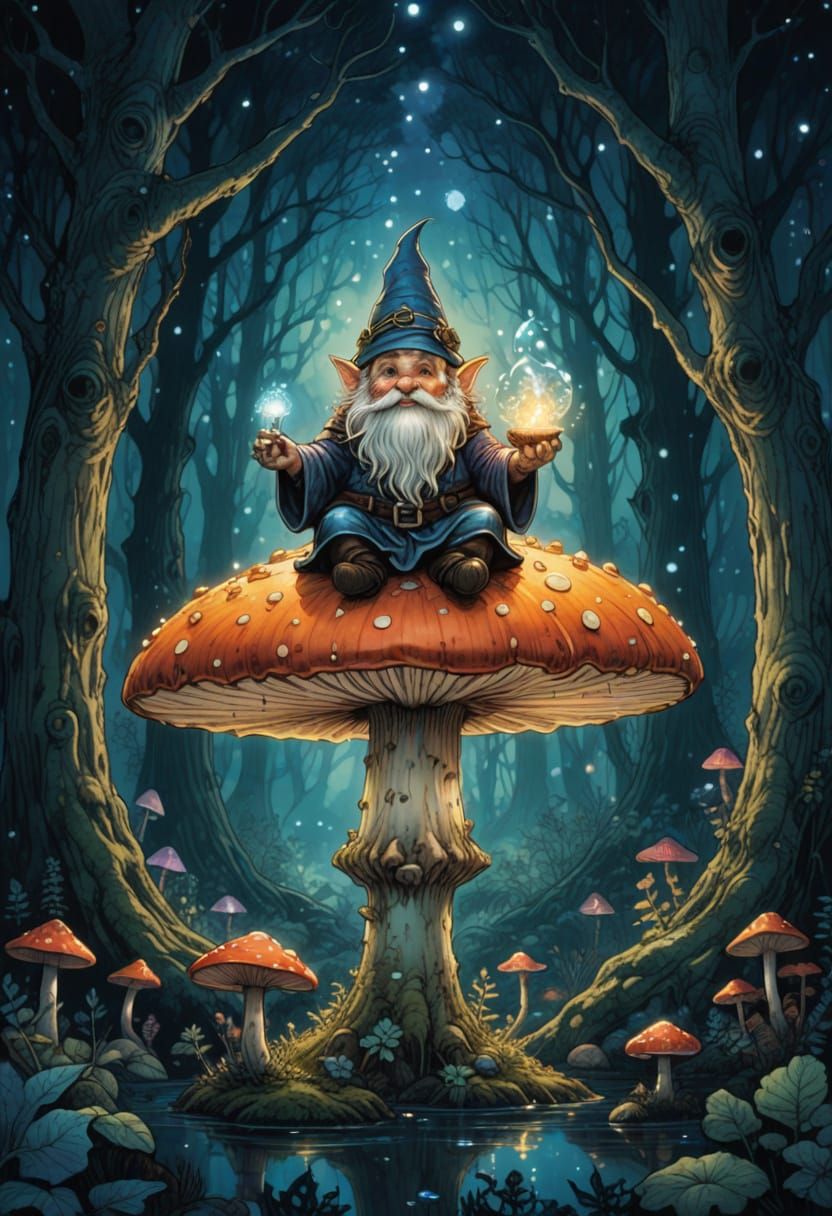 Gnome Mage Casting Spells in Bioluminescent Forest