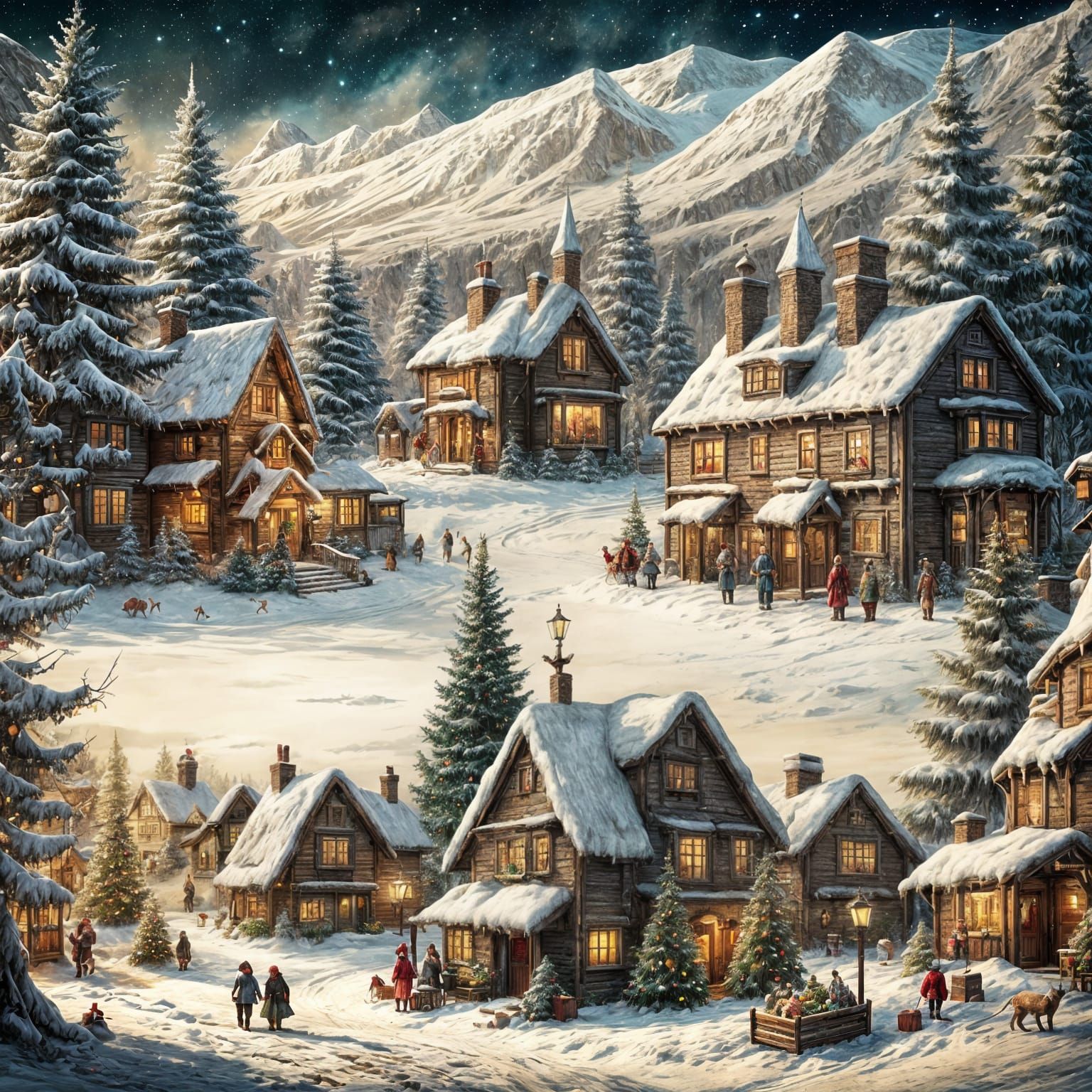 Vintage Christmas Theme Winter Village Scene in Deep Color