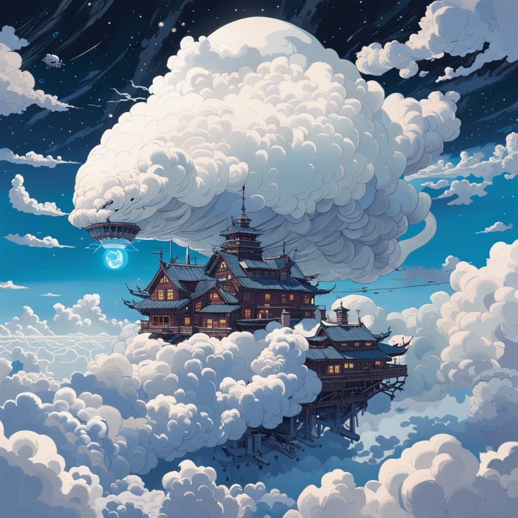 Majestic White Dragon on Cloud in Sci-Fi Manga Style