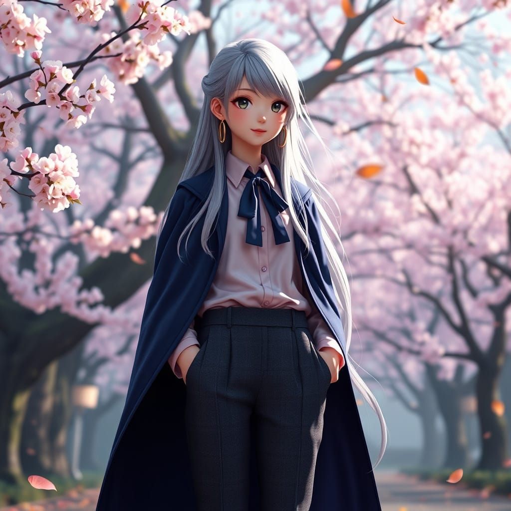 Asian Wizardess Amidst Autumn Cherry Blossoms