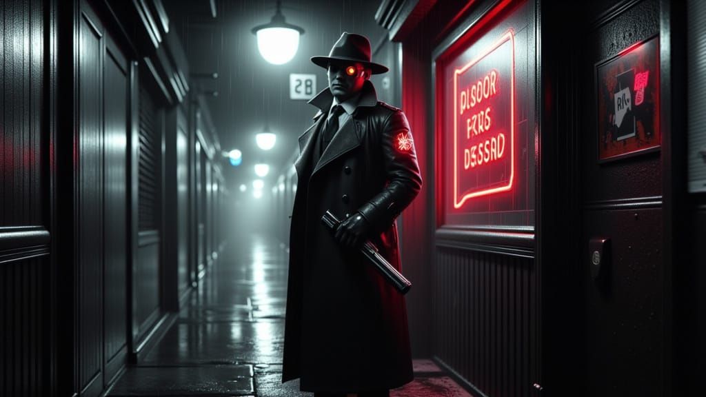 Cyberpunk Detective in Rainy Film Noir Alleyway