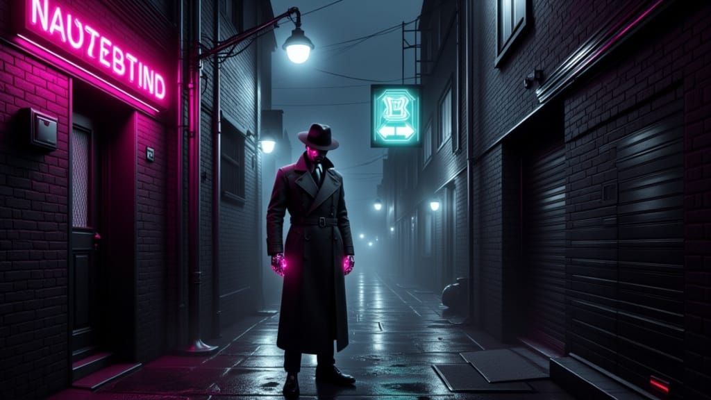 Cybernetic Detective in Dark Cybernoir Alleyway