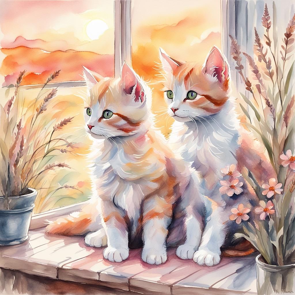 Kittens Admire Sunset in Watercolor and Chalk Style