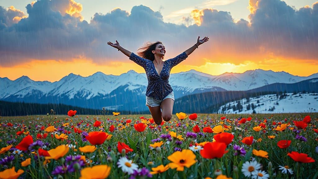 Woman Soars Over Snowy Mountains in Surreal Art Style