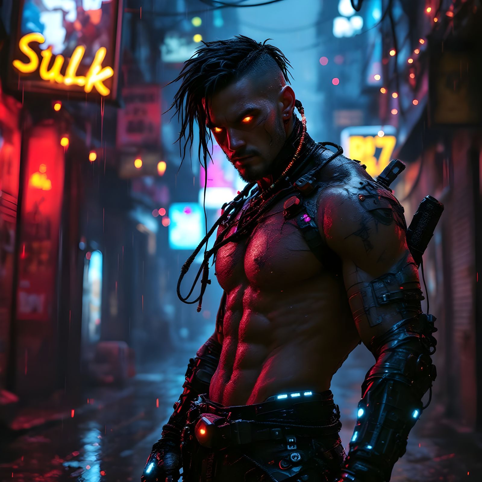 Cyberpunk Warrior in Rain-Soaked Alley