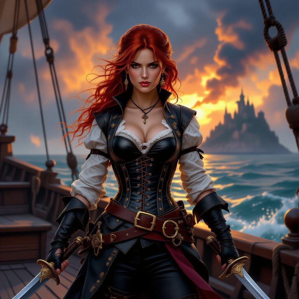Fiery Pirate Queen on Ship Deck, Dutch Golden Age Style
