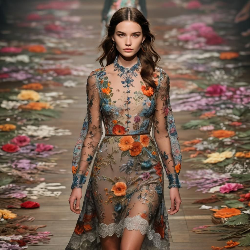 Runway Model Showcasing Floral Lace Dress