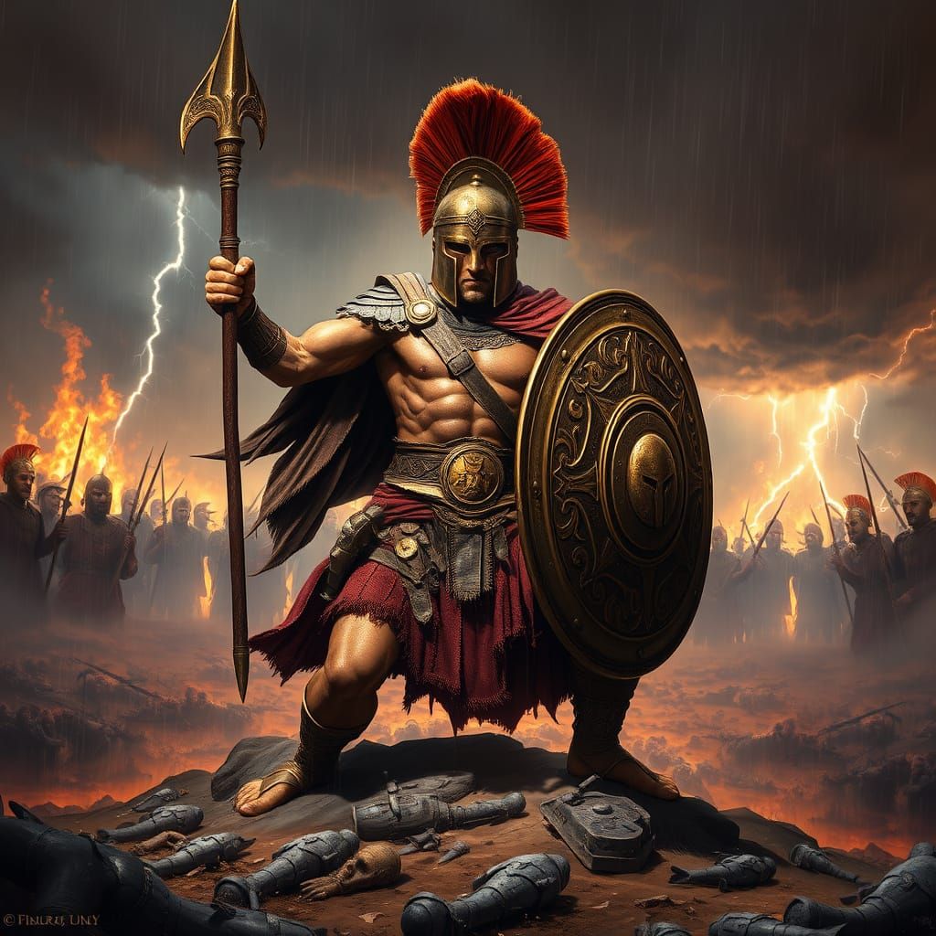 A legendary Spartan warrior rising from one knee
