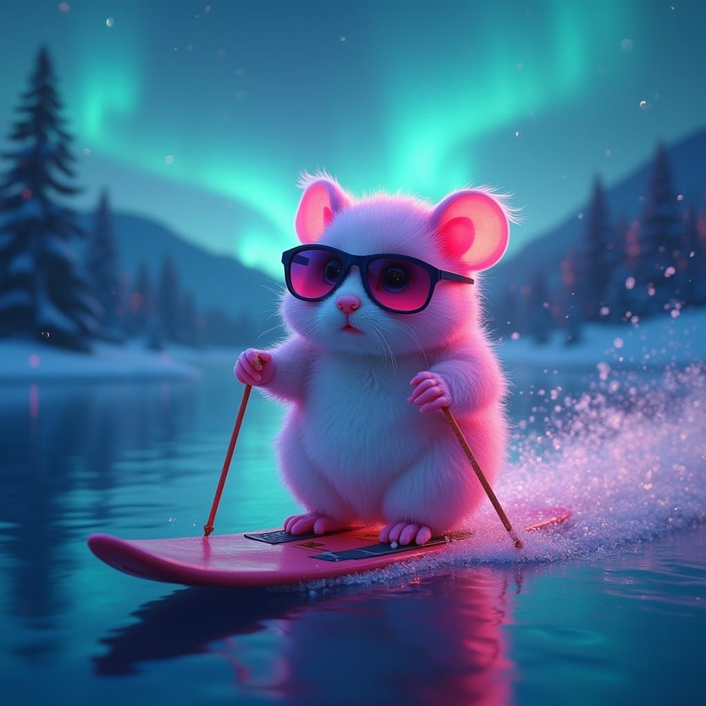 Bioluminescent Furby Hamster Skis Under Aurora