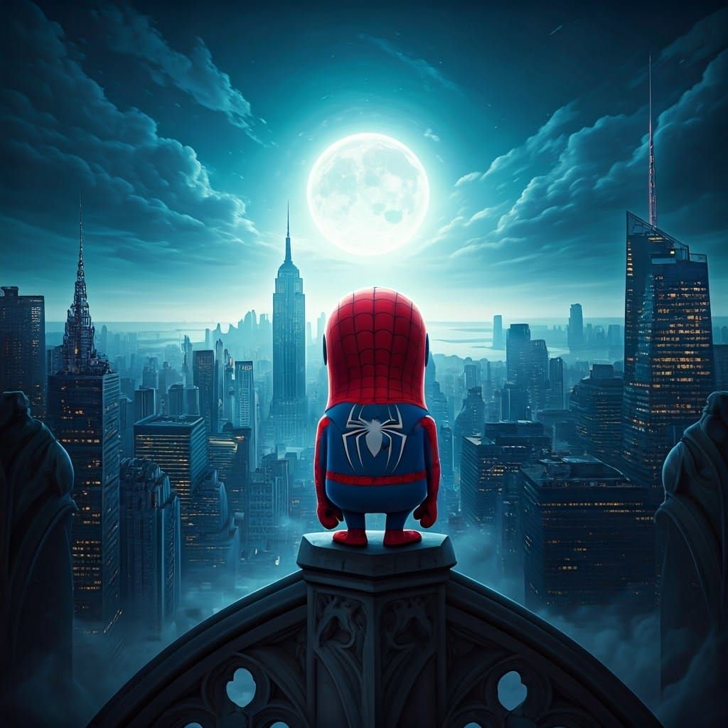 Minion Spiderman on Gothic Skyscraper, Matte Painting