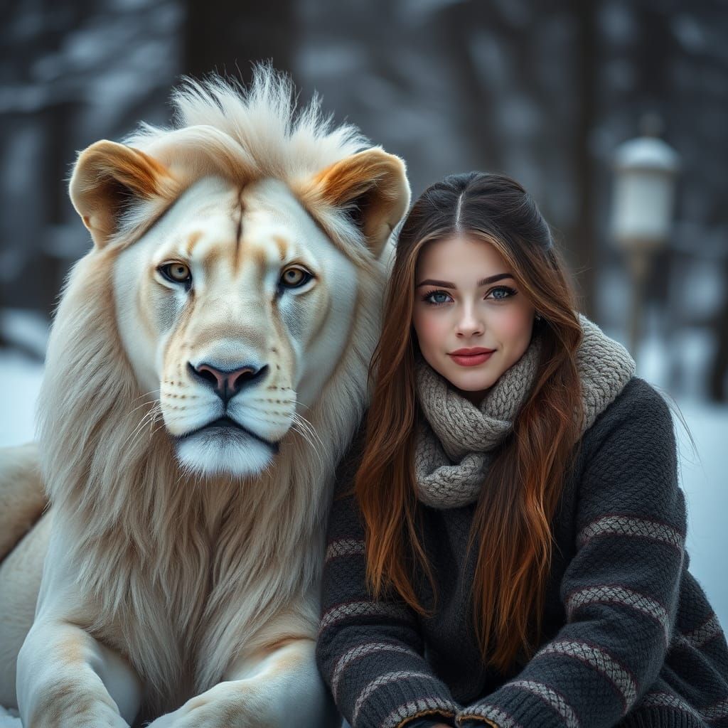 Woman and White Lion in Snowy Scene