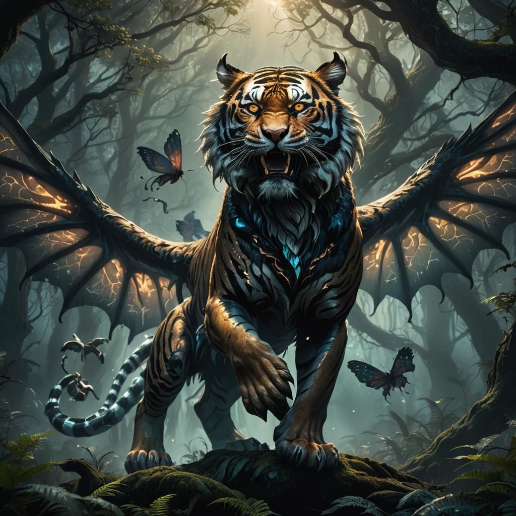 Tiger with Dragon Wings in Dark Fantasy Forest