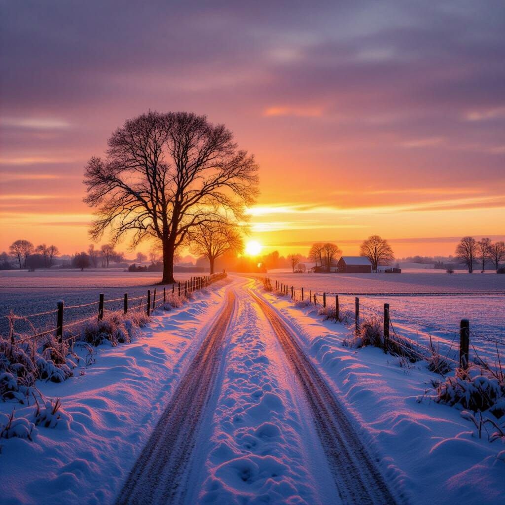 Winter Sunset Drive Through Snowy Dutch Landscape