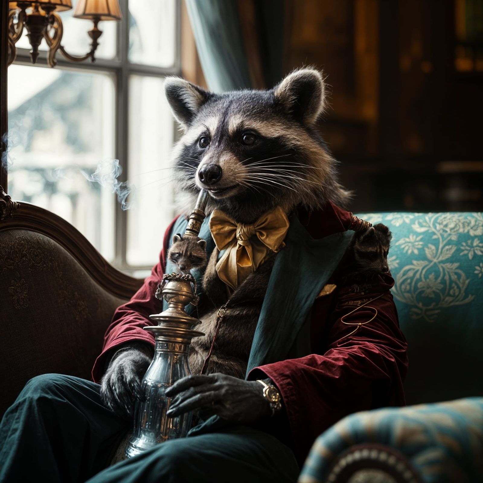 Raccoon in Luxurious Attire Exhales Hookah Smoke
