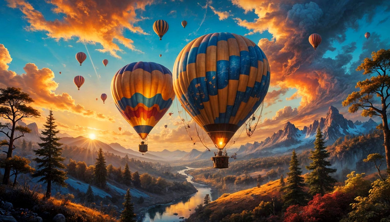 Fantasy Hot Air Balloon Soars Above Whimsical Forest