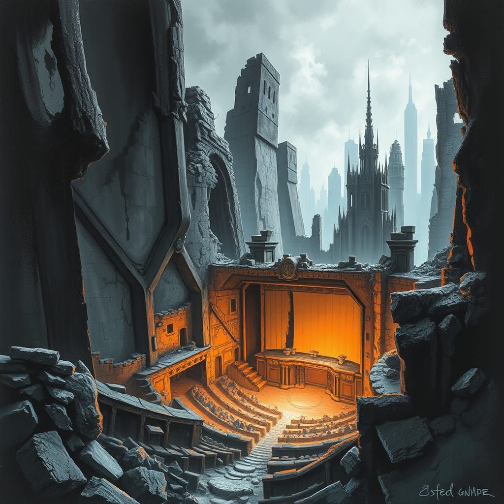 Ruined Cityscape Theater in Oil Pastel Style