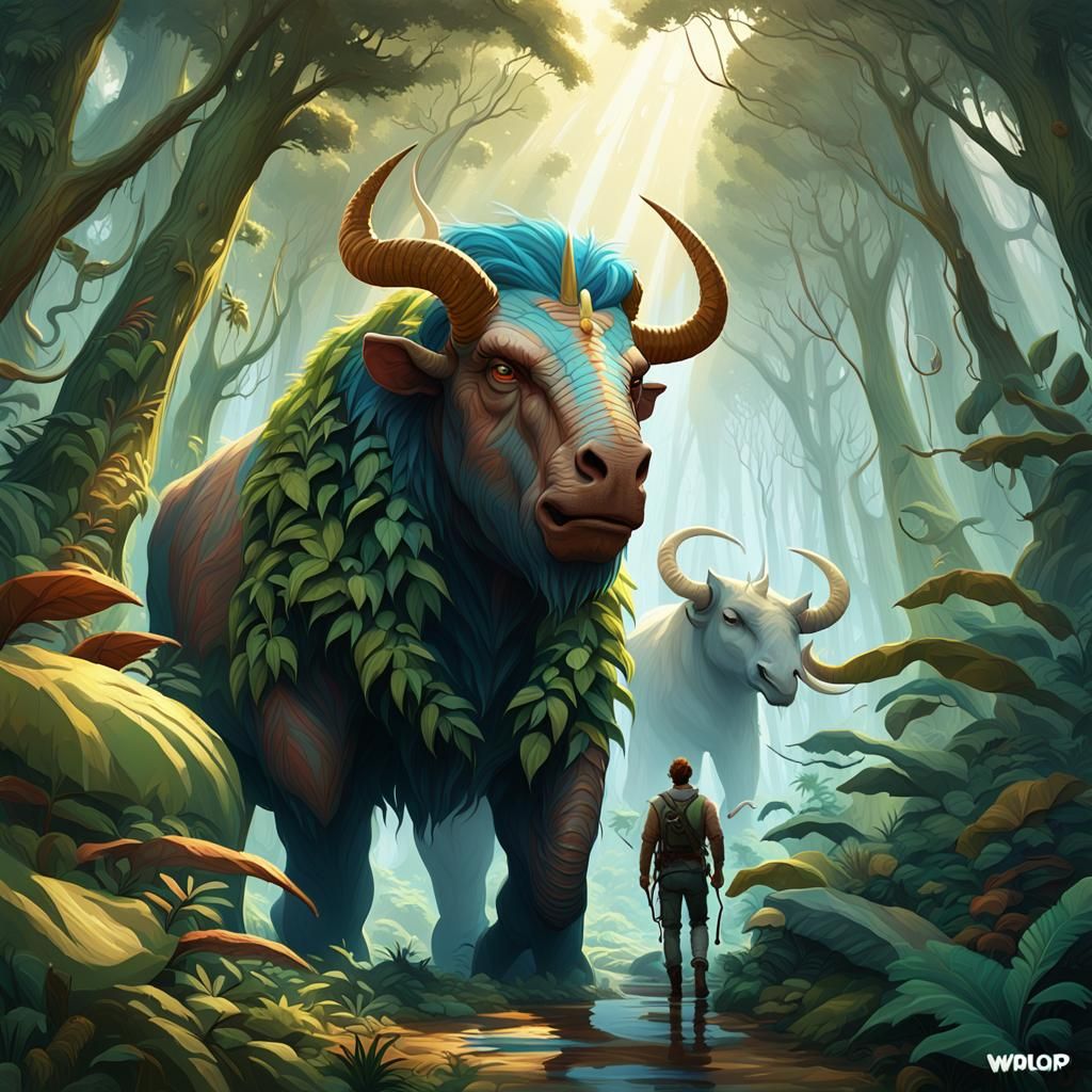 An adventurer encountering a large animal in a mysterious fo...