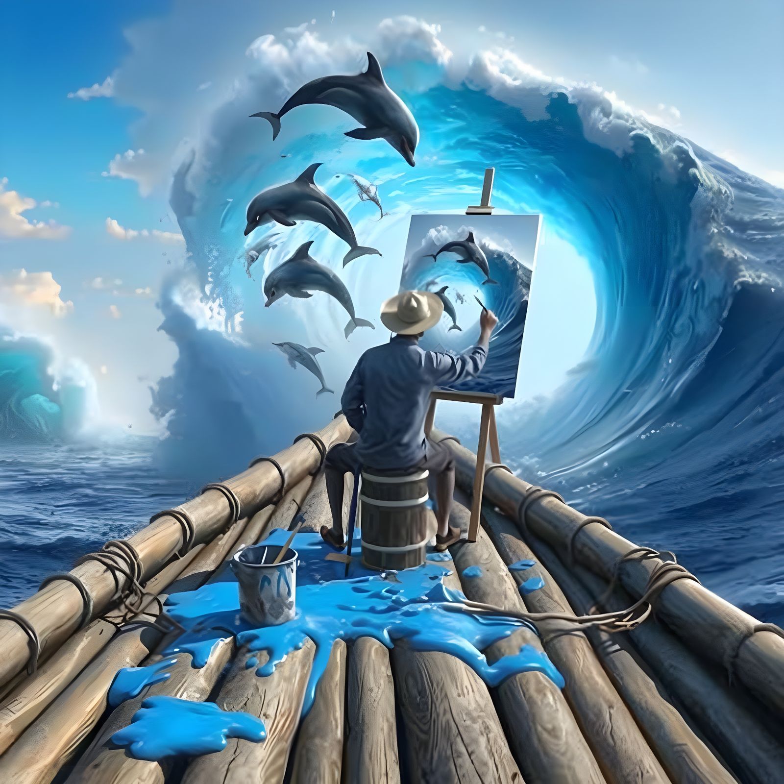 Sailor Painting Dolphins on a Floating Log Raft