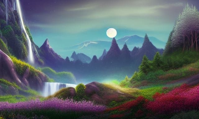 Fantasy Waterfall Landscape with Moon and Stars