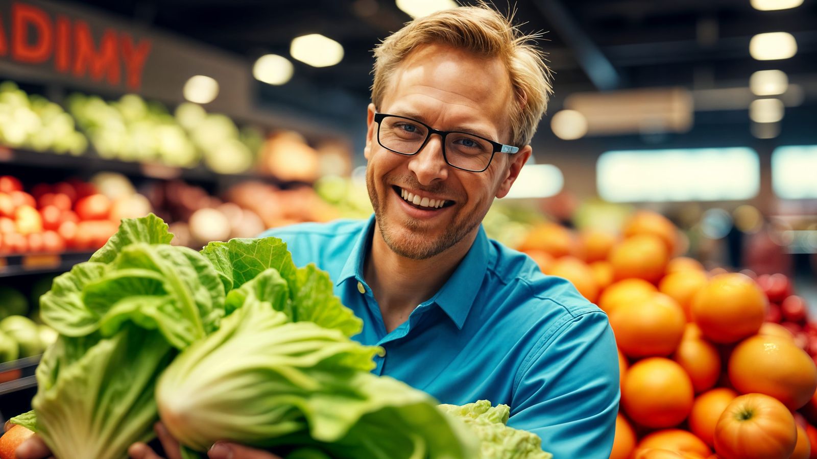 Happy Grocery Store Shopper in a Muted Color Palette