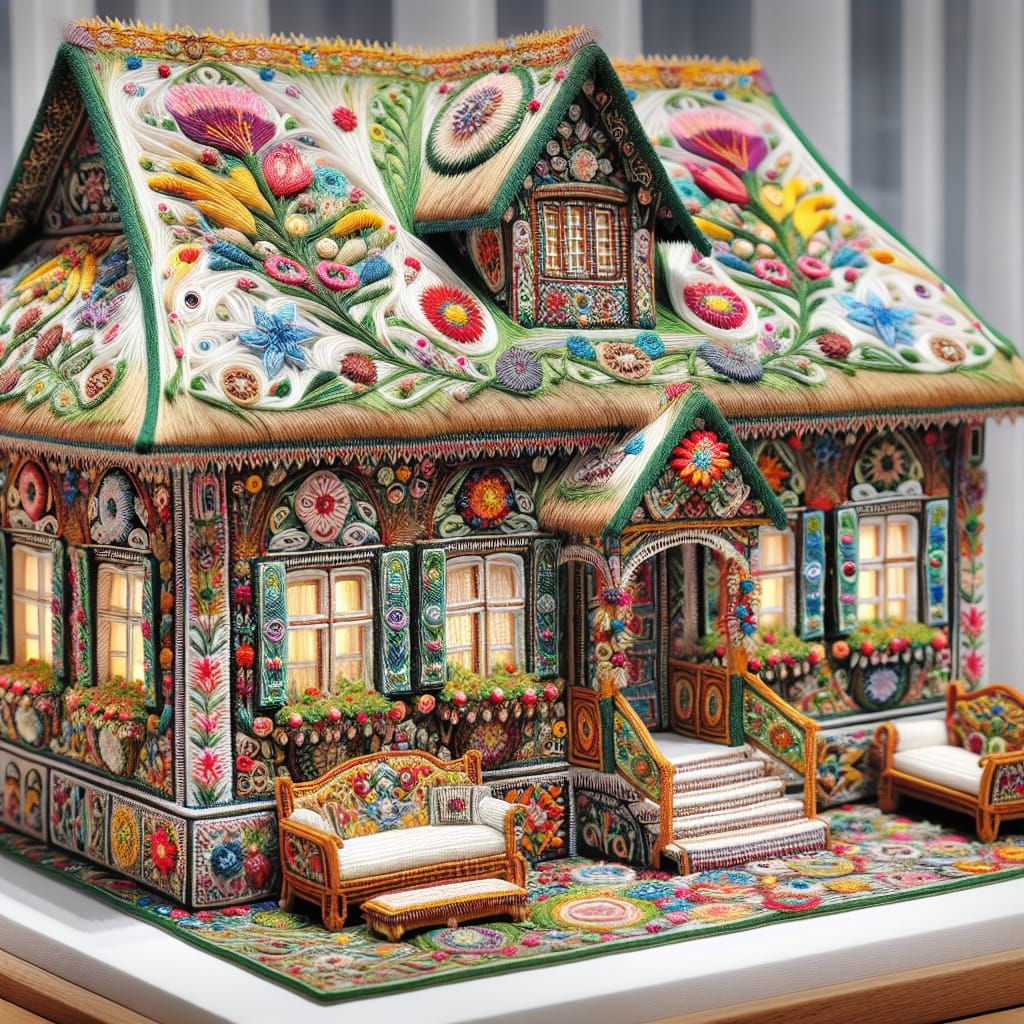 Intricate Silk Thread House in Naive Art Style