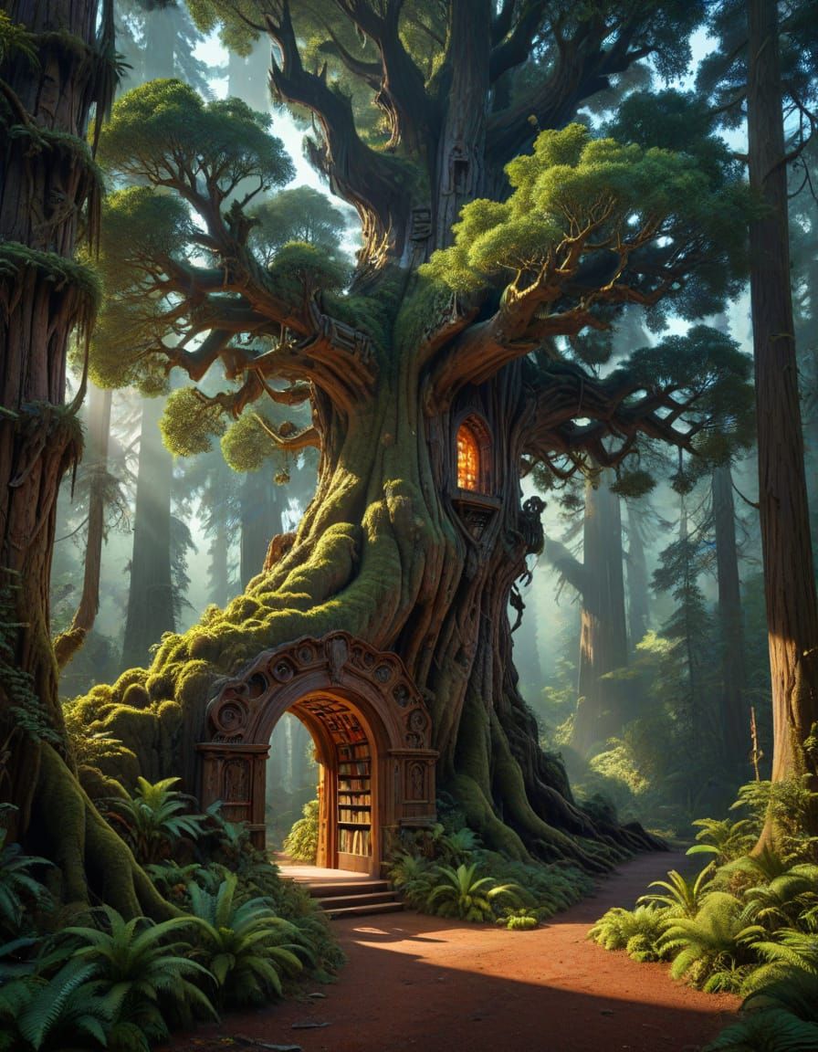 Cosmic Redwood Library Portal: Fantasy Steampunk Art