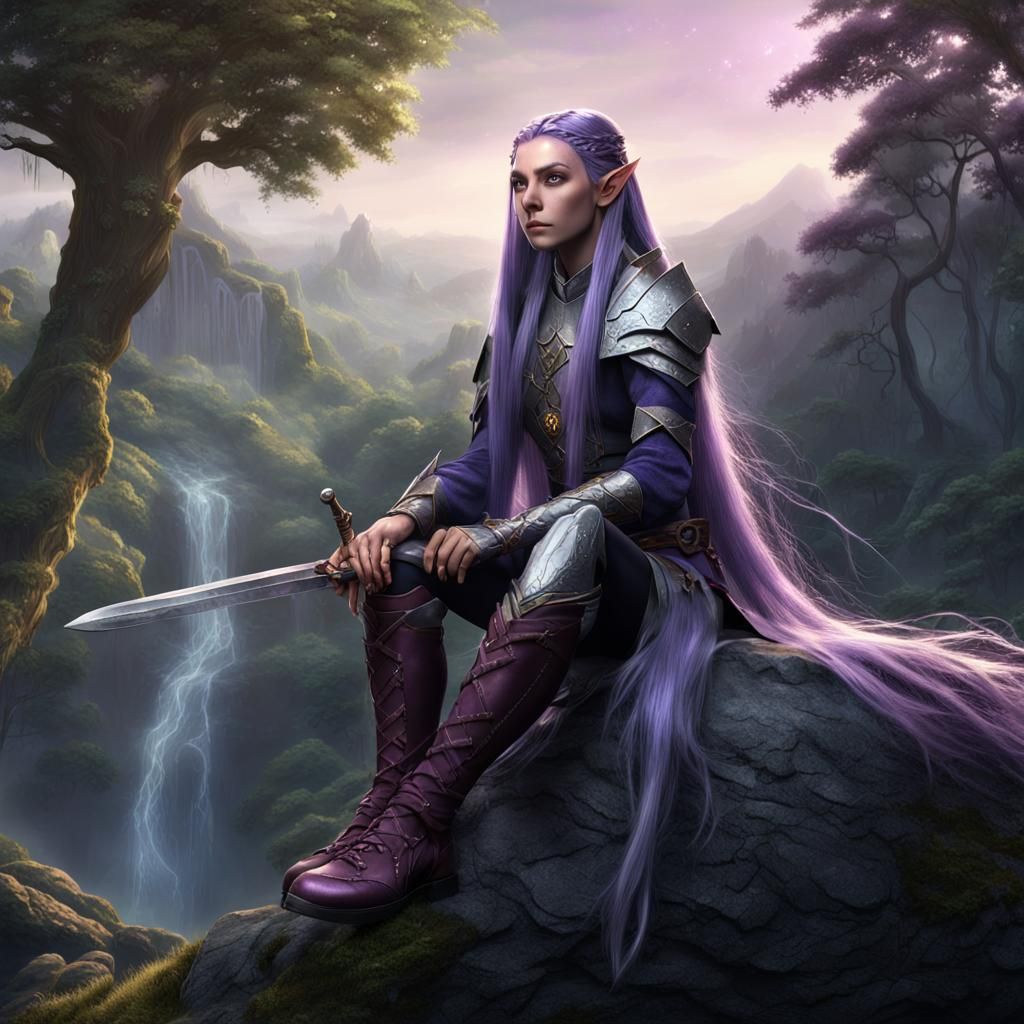 Elf Woman with Purple Hair in Disney Style