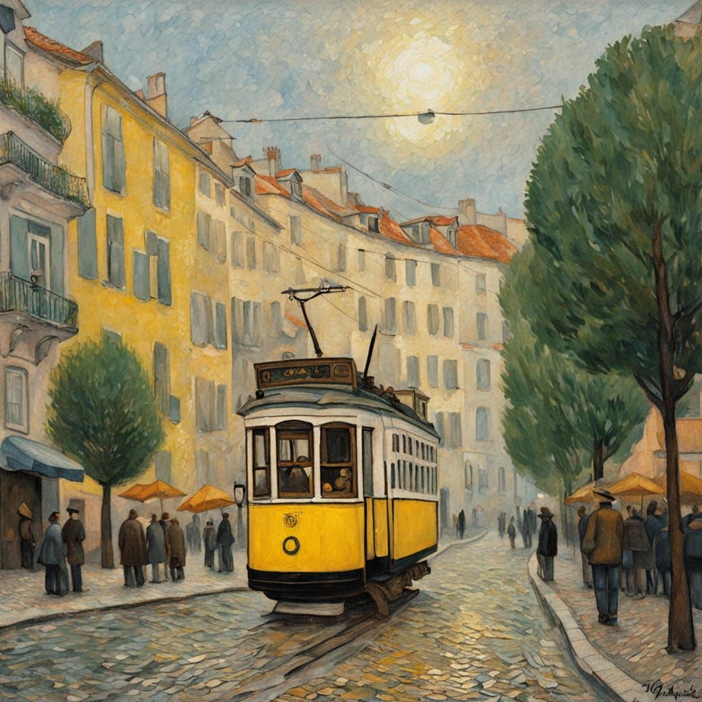 Lisbon Tram Suspended Between Floating Islands, Post-Impress...