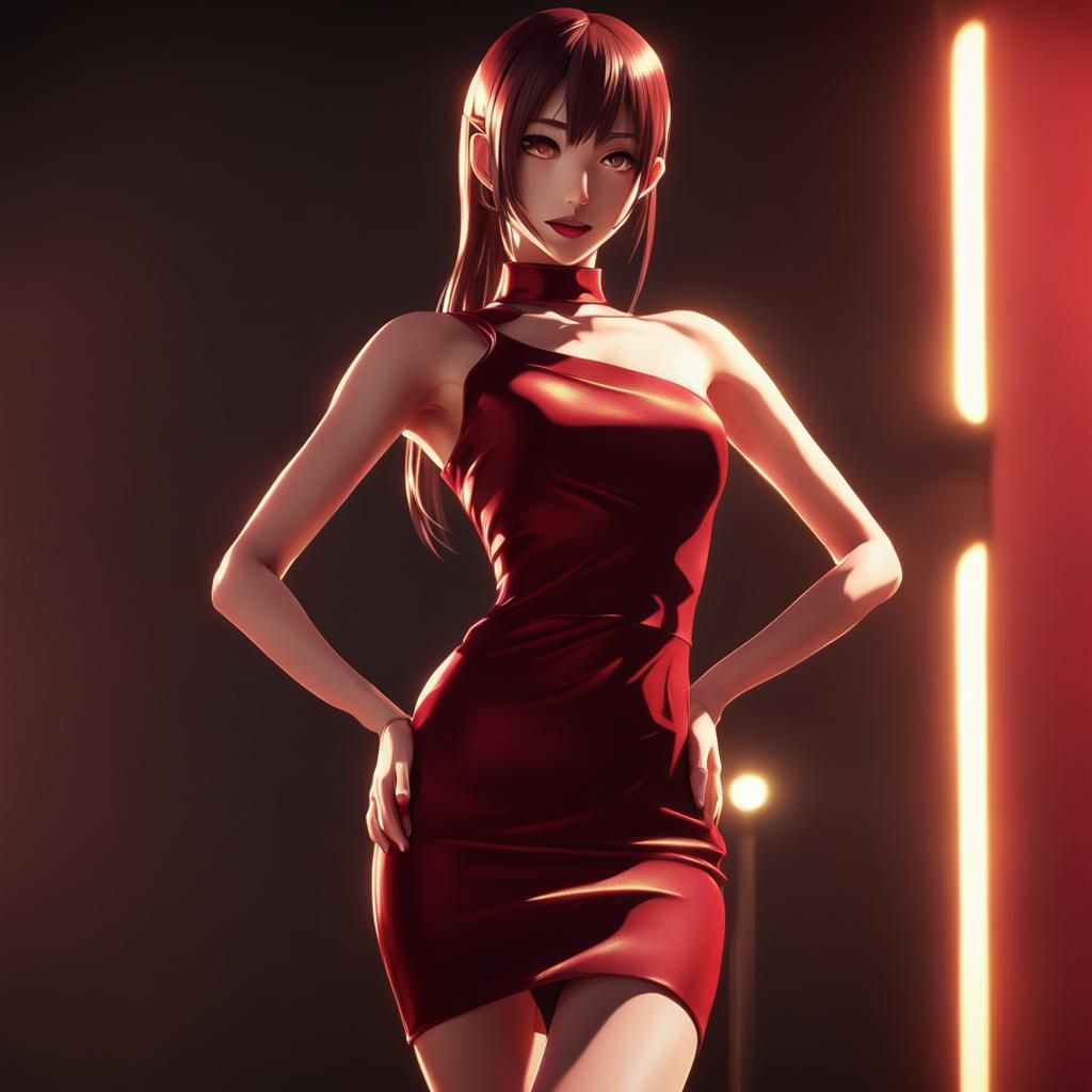 Anime Girl in Red Dress, 3D Rendered