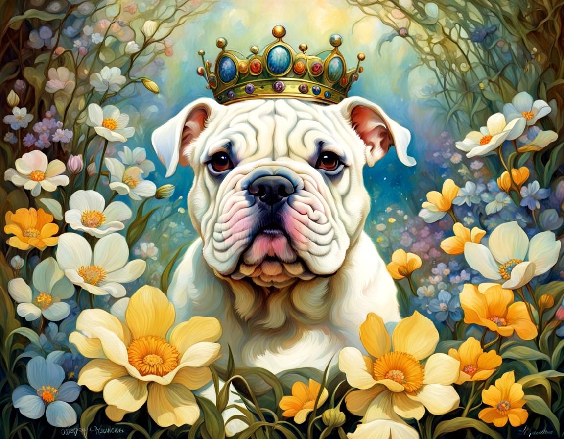 Bulldog Puppy with Floral Crown in Art Nouveau Style