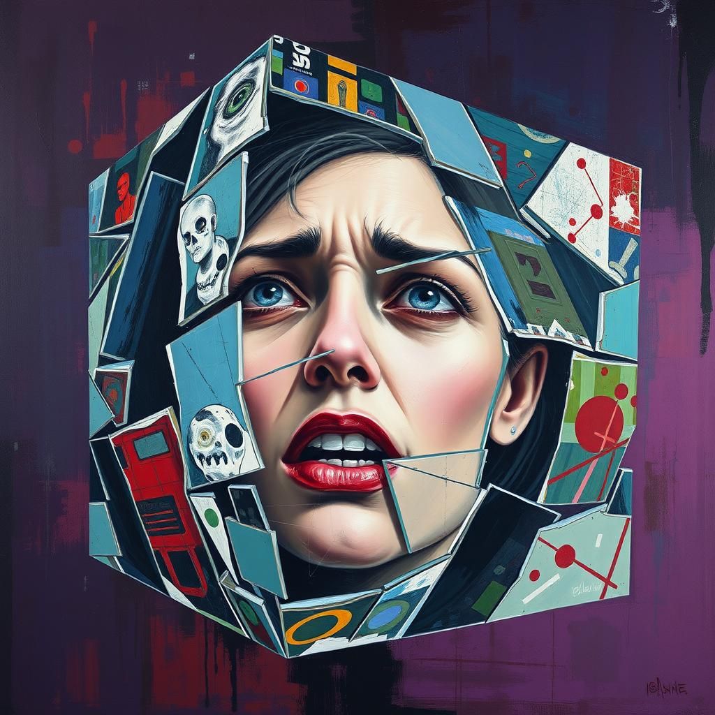 Anguished Face in Glass Cube, Surrealist Style