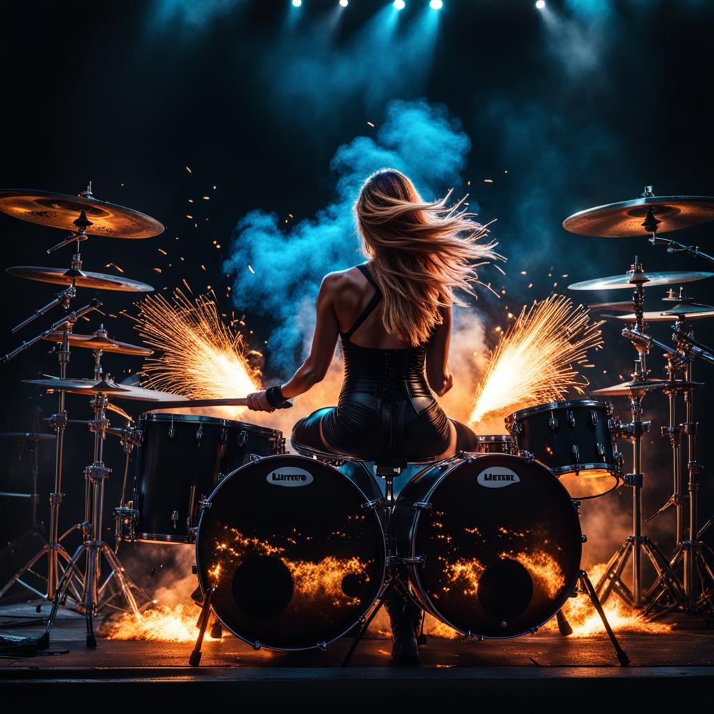 Drummer Girl Performing at Concert with Pyrotechnics
