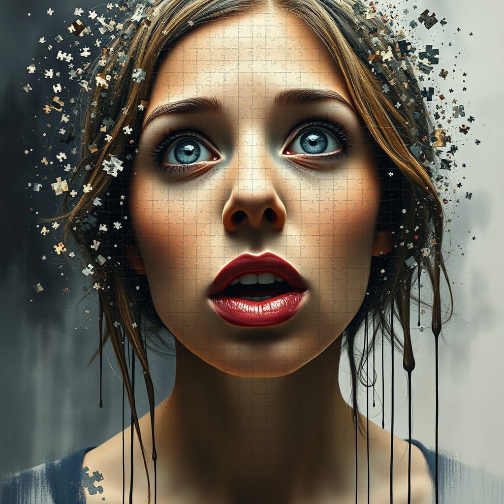 Hyper-Realistic Puzzle Piece Portrait with Watercolor Whimsy