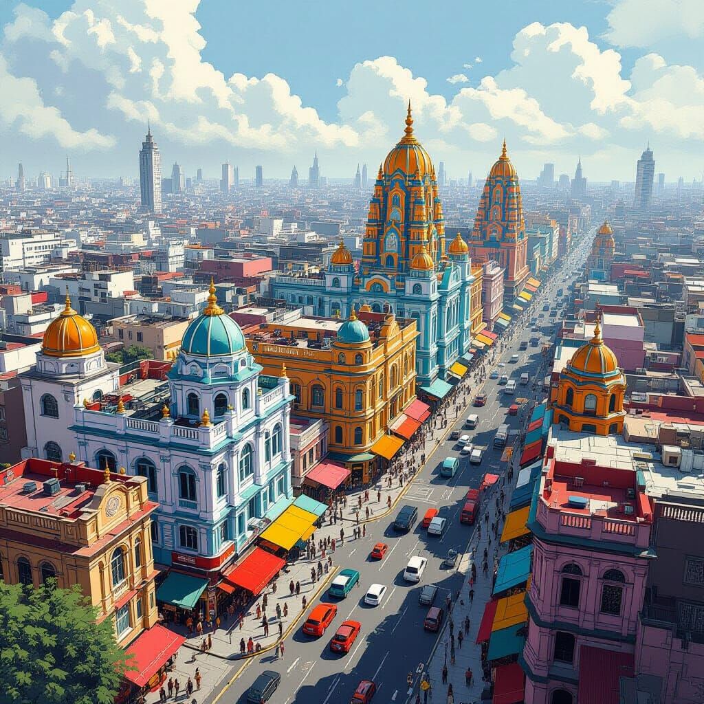 Chennai Cityscape Aerial View in Retro-Futuristic Style